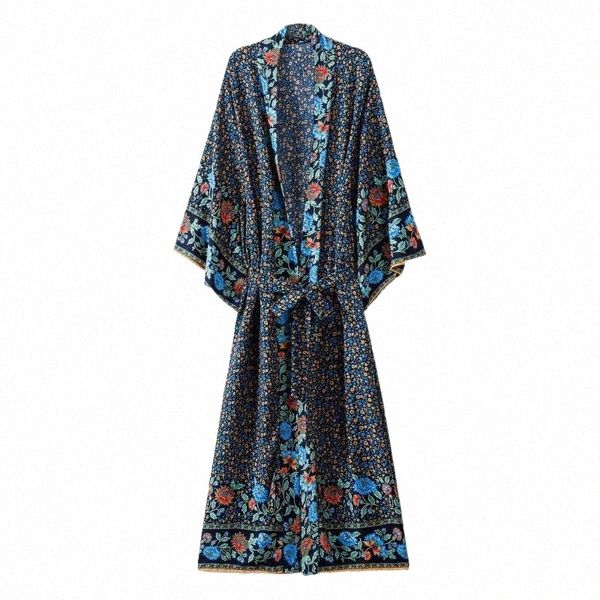 

casual dresses 2022 women's boho maxi dress lacing up floral printed vestidos de mujer bat sleeve oversized chic kimono navy blue robes, Black;gray