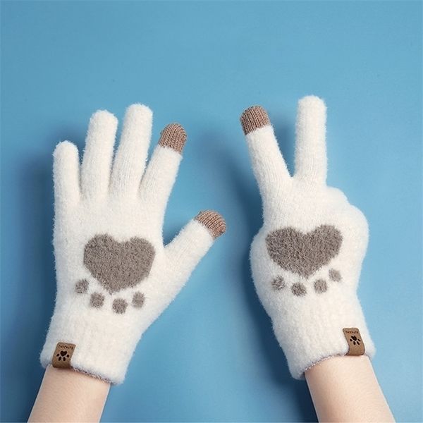 

five fingers gloves winter knitted for women imitation mink hair autumn warm thick cute cat paw pattern touchscreen girls 220920, Blue;gray
