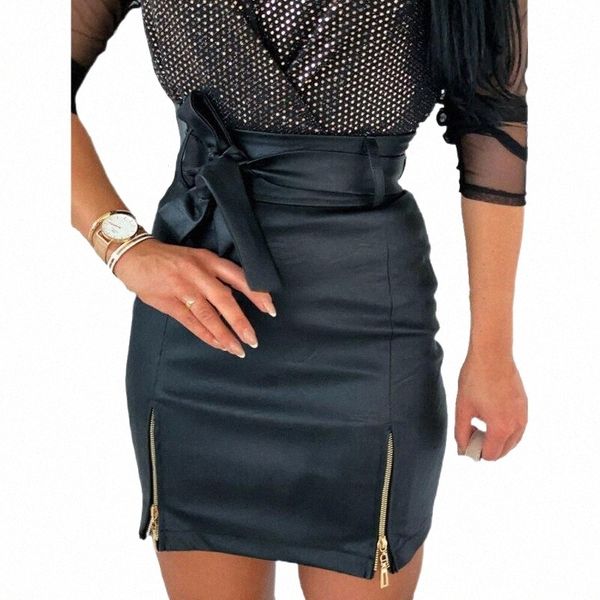 

skirts high waist pu leather women sash zipper pencil mini skirt 2022 spring autumn all match streetwear winter black x0k0#