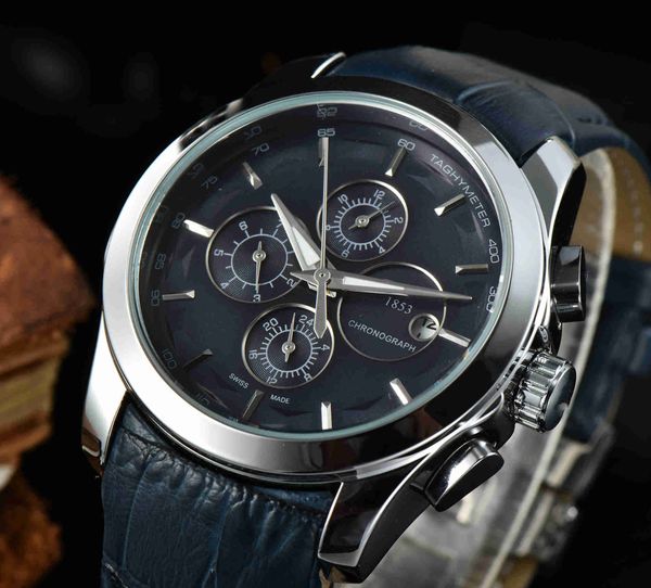 

2022 fashion men sports chronograph watch three-pin display calendar brand designer pearl movement watch 1853 belt automatic machinery, Slivery;brown