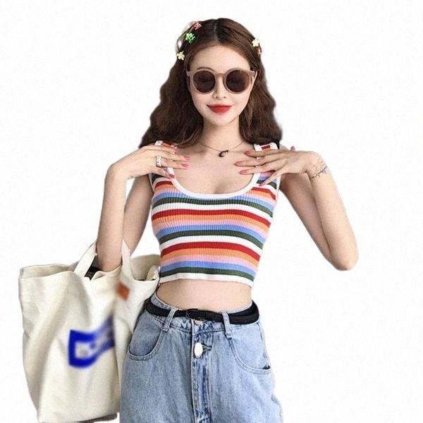 

women's tanks & camis knitted vest tank camisole rainbow stripe outer wear female retro style round neck crop  k0wx#, White