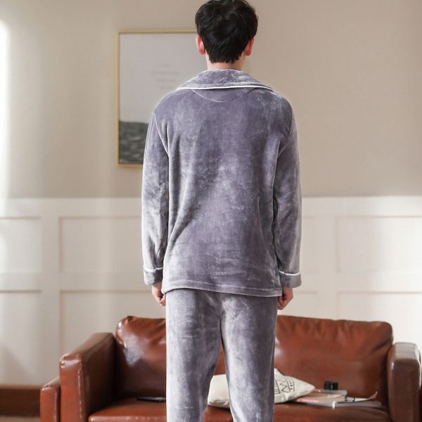 

men's sleepwear plus size 3xl grey nightwear long sleeve winter thicken warm flannel pajamas sets soft pant male men l220920, Black;brown