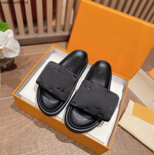 

slippers women velcro mules slides slippers pool pillow comfort smooth calfskin flat letter fashionable easy-to-wear rubber bottom width, Black