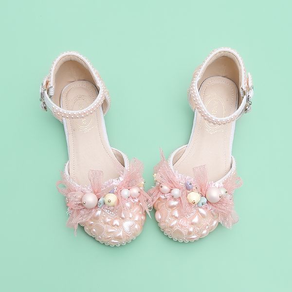 

beauty pink pearls flower girls' shoes kids' high heel shoes girl's crystals princess shoe kid wedding accessories size 26-38