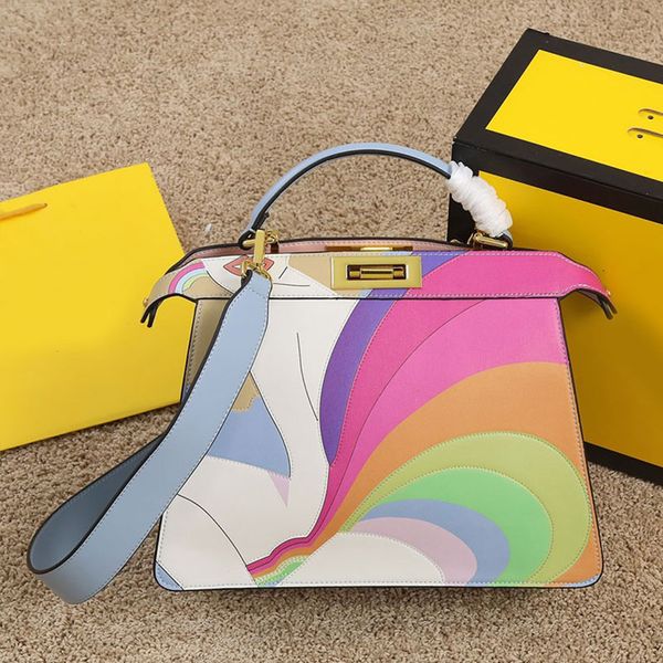 

23/33cm designer bikini girl handbags rainbow tote bag crossbody shoulder shop bags purse quality genuine leather twist lock pouch detachabl