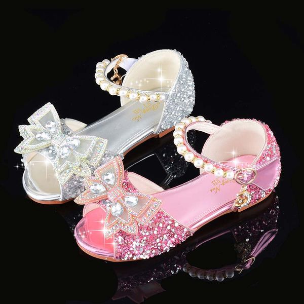 

lovely silver pink bow flower girls' shoes kids' flat heel shoes girl's crystals princess shoe kid wedding accessories size 2