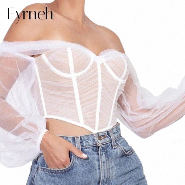 

women's tanks & camis fyrneh women lantern sleeve corset mesh simple chic party vacation casual outfits bustiers off shoulder cropped s, White