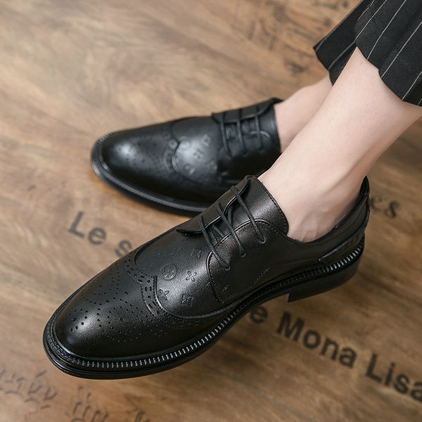 

print designer casual fashion brogue shoes men pu solid color british carved pointed toe lace classic comfortable daily wear large size 37-4, Black