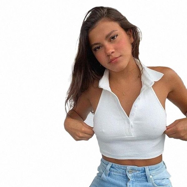 

women's tanks & camis halter turn-down collar crop sleeveless button skinny elastic tank women summer vacation asve28004 x0e2#, White