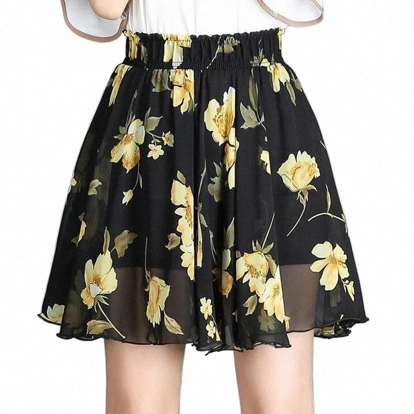 

skirts boho floral pleated skirt women short chiffon high waist summer beach mini jupe femme ladies c5510 a0qc#, Black