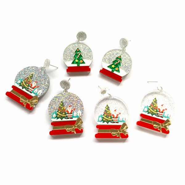 

stud cute christmas holiday jewelry glitter xmas tree crystal ball and santa snow globe with bowtie acrylic earrings for women 220920, Golden;silver