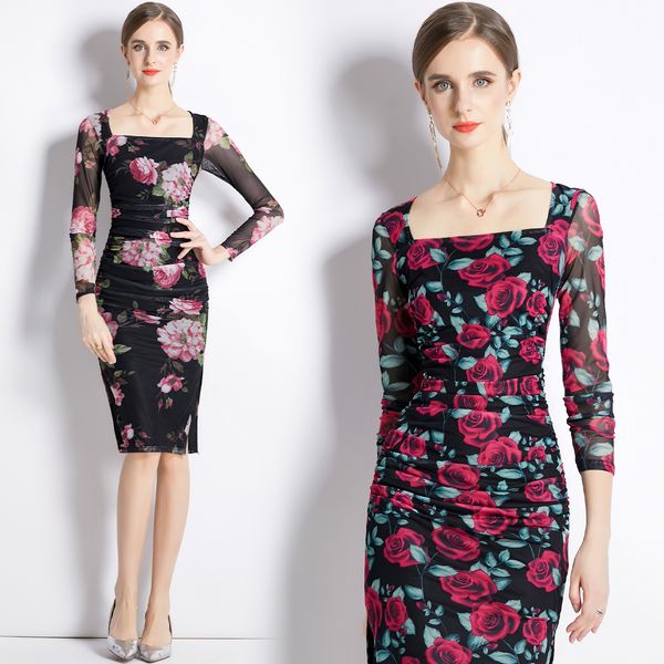 

square neck floral bodycon midi dress long sleeve 2022 runway tight wrap slit vintage printed dresses casual office designer european cockta, Black;gray