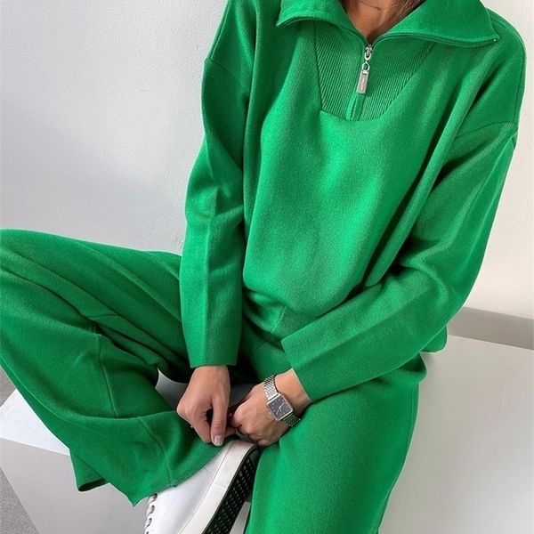 

women's two piece pants winter set knitted suit trouser oversize loose sweaters jogging warm tracksuit knitwear 220919, White