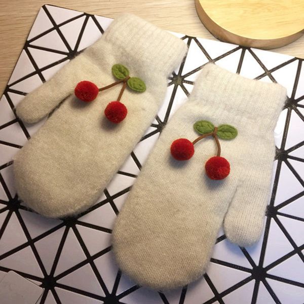 

five fingers glove winter cute lovely keep warm mittens full finger knitting cherry plus velvet inside thicken windproof soft female 220920, Blue;gray