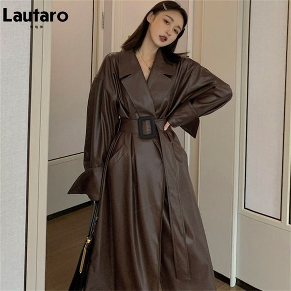 

women's leather faux lautaro autumn long oversized brown trench coat for women belt runway stylish loose european style fashion 220919, Black