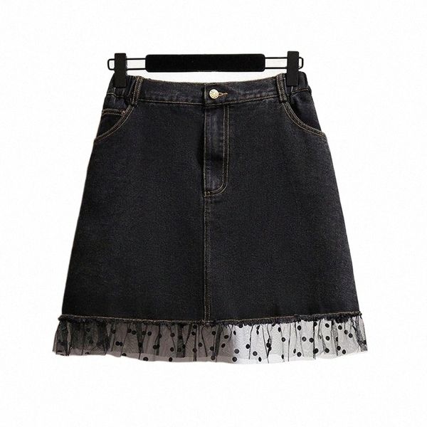 

skirts women's black short lace mesh dot denim jean plus size 6 xl a line spotted skirt 2022 summer large women clothes o1xw#