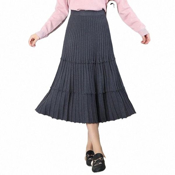 

skirts shinymora women winter long 3 color 2022 high waist fashion pleated elegant a line skirt retro knitted k4tc#, Black