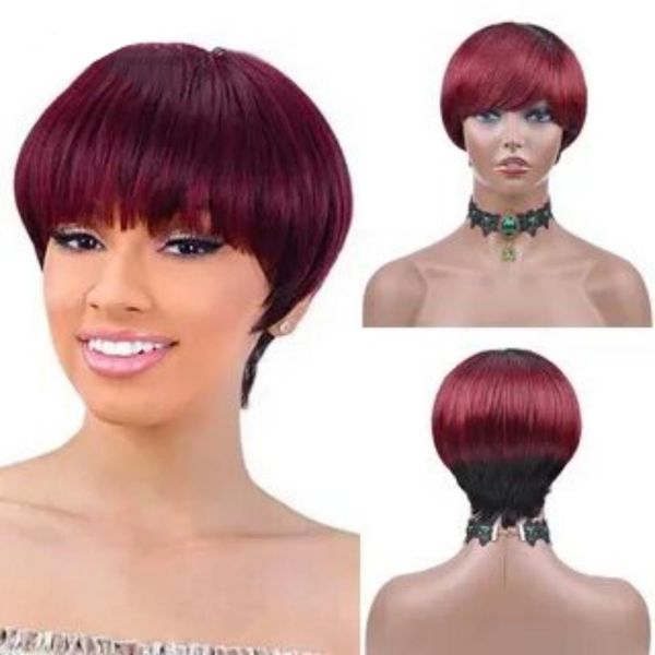 

short pixie cut wig brazilian human hair wigs for black women full machine made glueless wig with bangs, Black;brown