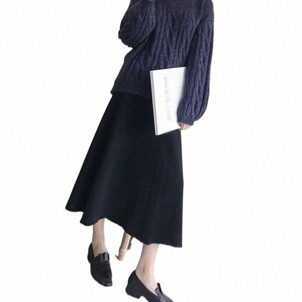

skirts autumn winter women simple versatile korean style elastic high waist slim mid-length knitted t552#, Black