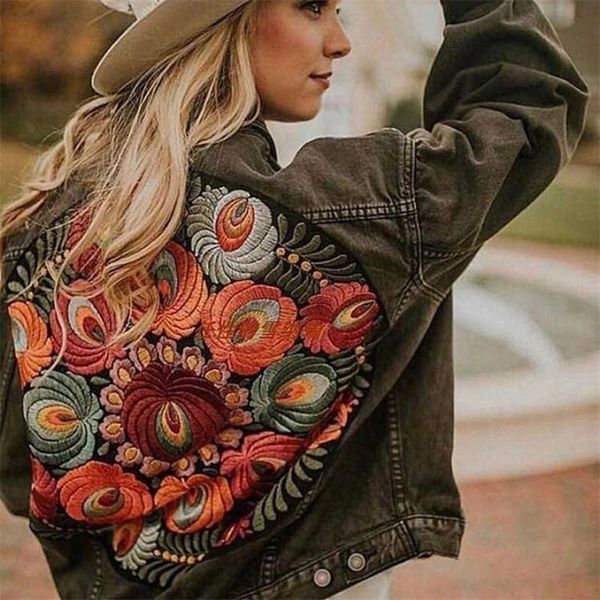 

women's jackets jsxdhk streetwear floral embroidery denim jacket coat vintage women spring autumn turn down collar loose casual cowboy, Black;brown