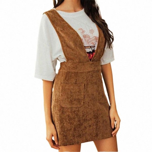 

skirts women girls dress brown high waist suspender mini bib overall pinafore casual pocket causal lady strap s45a#, Black