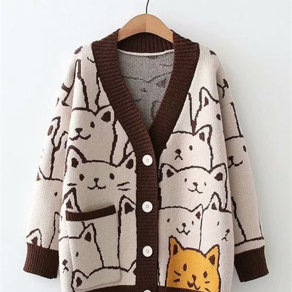 

women s knits tees merry pretty cartoon cat knitted cardigans jumper autumn winter womens harajuku sweater coat o neck long sleeve cardigan, White