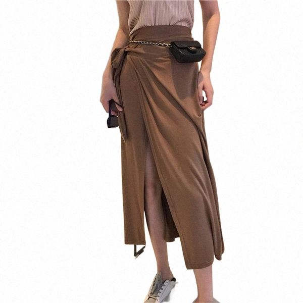 

skirts hzirip arrival women split long skirt 2022 autumn ladies lace-up fashion high waist solid a-line female saias m3ja#, Black