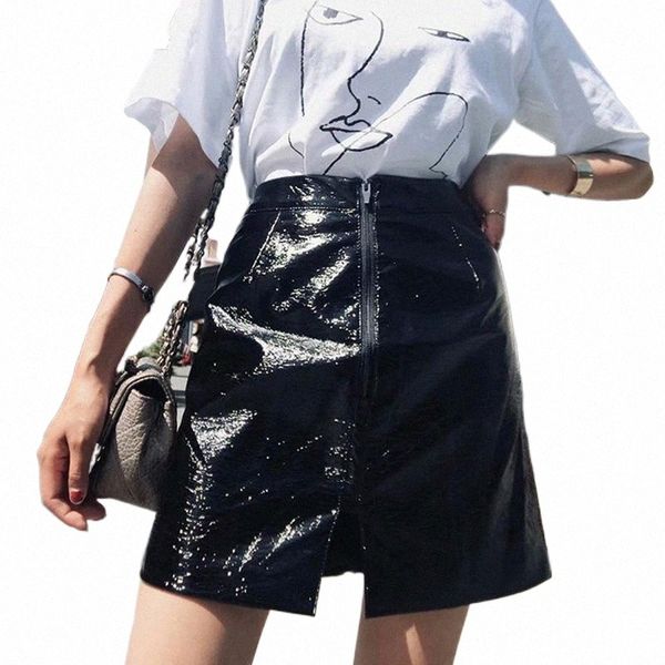 

skirts junelove women winter high waist mini vintage female pu faux leather casual lady split zipper a-line bottom b12p#, Black