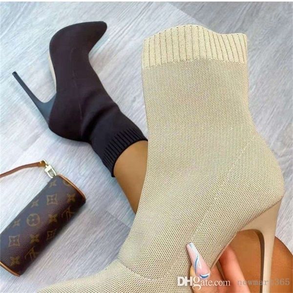 

designer women socks booties knitted elastic thin high heel boots pointed middle tube shoes, Black