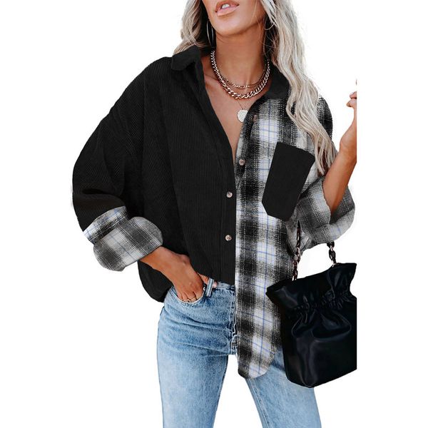 

women oversized plaid shirt casual long sleeve button down corduroy patchwork shirts female blouse streetwear 2xl 3xl, White
