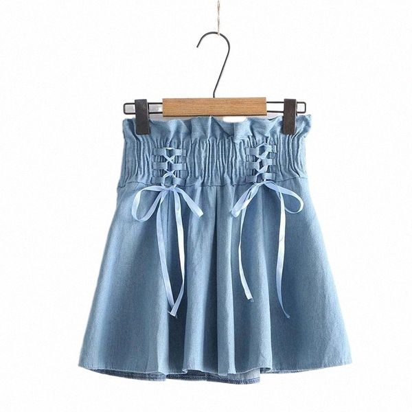 

skirts 2022 vintage casual women skirt teen girl retro bandage sweet ruffle jeans korean lace up high waist denim short 80gg#, Black