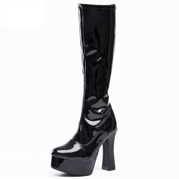 

2022 women retro gogo knee high boots 12cm chunky heel cosplay shoes platforms man fetish performance botas side zip black red customized co