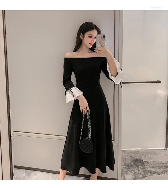 

casual dresses long dress off shoulder retro women's autumn winter hepburn style temperament long-sleeved elegant lady vestidos, Black;gray