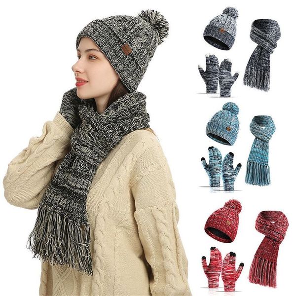 

hats scarves gloves sets men winter knitted beanie cap women touchscreen warm ladies hat scarf set 220920, Blue;gray