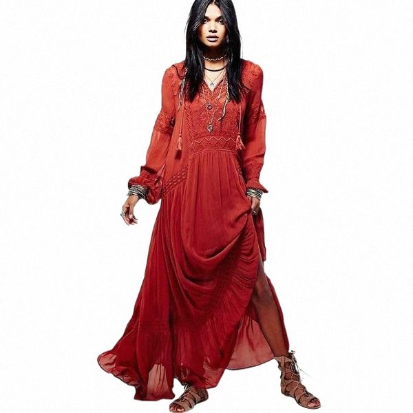 

super chic long sleeve maxi dress for women embroidered boho orange v-neck tassel autumn bohemian casual dresses n94b#, Black;gray