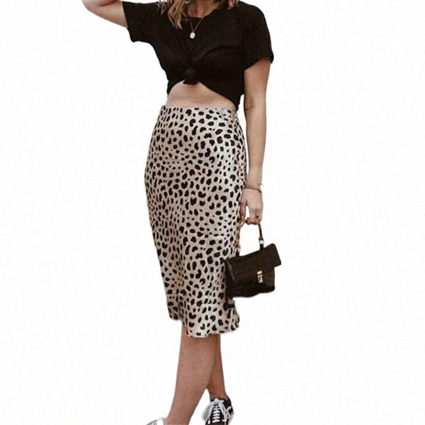 

skirts women silk satin the naomi wild things leopard print elastic high waist easy 90's slip midi skirt i40p#, Black
