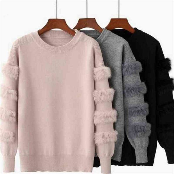 

women's sweaters autumn and winter women's fashion rabbit fur decorative sleeve sweater solid color pullover sweater t220919, White;black