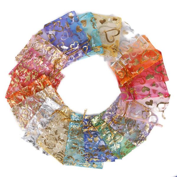 

jewelry pouches bags 100pcs/lot 7x9 9x12 11x16 13x18cm yarn bags printing roses love christmas organza sack dstring charm packaging dhxzo, Pink;blue