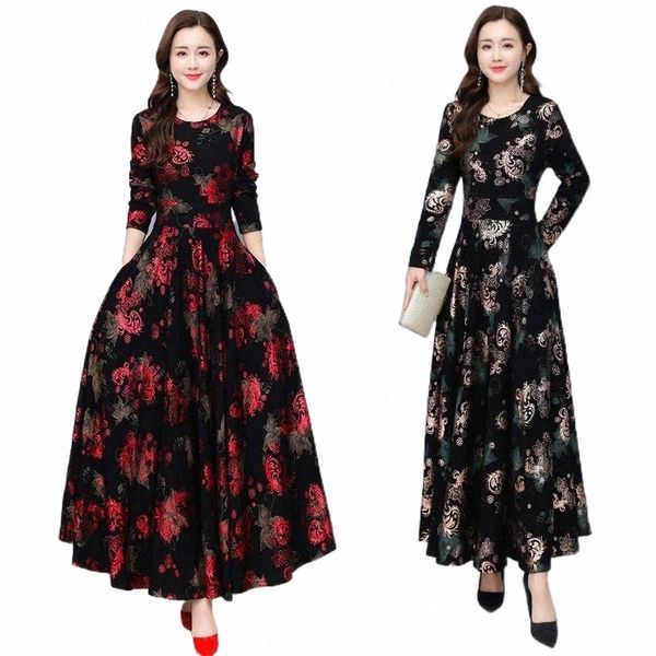 

casual dresses women dress winter 2022 office lady korea style vintage print full sleeve o-neck upset add black cloth nap 07d3#, Black;gray