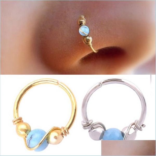 

nose rings studs 1pc fashion turquoises stainless steel nose ring nostril hoop stud body piercing jewelry for women drop delivery 202 dhkxi, Silver