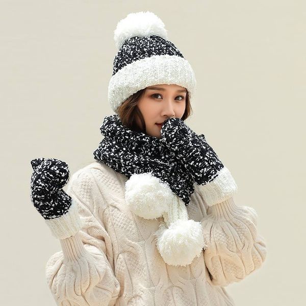 

hats scarves gloves sets 3pcs fashion korean women winter hat scarf set grey white pink red black thickened wool for christmas gift 220920, Blue;gray