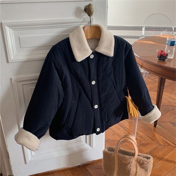 

womens down parkas autumn winter women cotton padded coat korean fashion vintage patchwork lamb hair polo neck navy allmatch short jacket la, Black