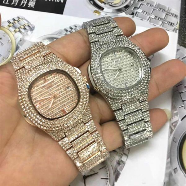 

fashion mens watches diamond wath iced out designer quartz movement men and lady watcheswatch stainless steel clock relogio mascul232l, Slivery;brown