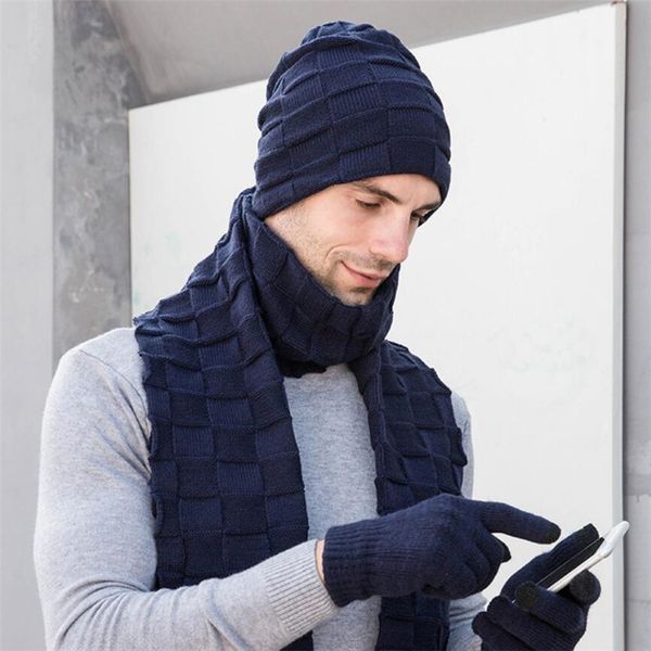 

hats scarves gloves sets men knitted long scarf hat 3 piece set man winter warm plush protection ear cap and touchscreen 220920, Blue;gray