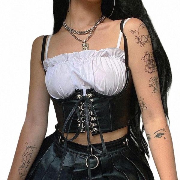 

women's tanks & camis streetwear gothic dark pu leather crop women hook lace up punk style tank cummerbunds corset to wear out s76c#, White
