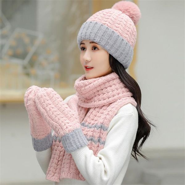

hats scarves gloves sets fashion women s scarf gloves autumn winter female thickening three piece knitted caps lady warm beanies 220920, Blue;gray