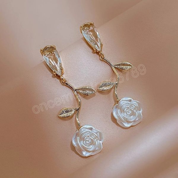 

sweet flower dangle earrings for women trendy korean fashion crystal leaves stud earring girl lady party romantic jewelry, Silver