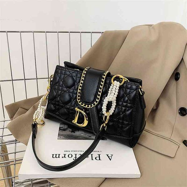 

shoulder bags bags end texture women's wide belt simple rhombic lattice small square pearl chain handbag single messenger factory store