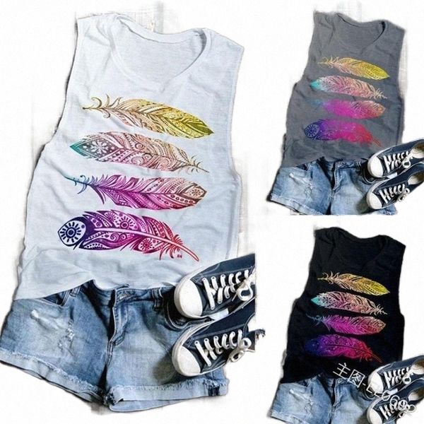 

women's tanks & camis lugentolo tank women plus size summer feather print sleeveless round neck casual fashion streetwear polyester n5h, White