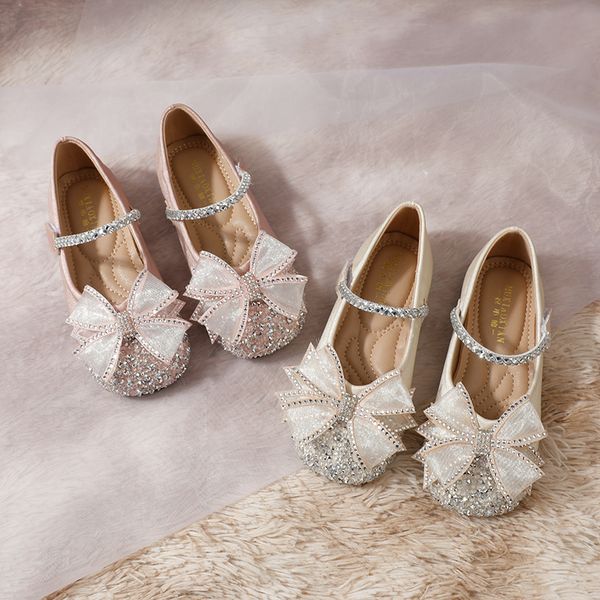 

beauty ivory pink bow flower girls' shoes kids' flat heel shoes girl's crystals princess shoe kid wedding accessories size 24